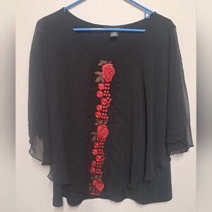 Adele & May XL Black Blouse Red Floral Embroidery Sheer Bell Sleeve Boho Top